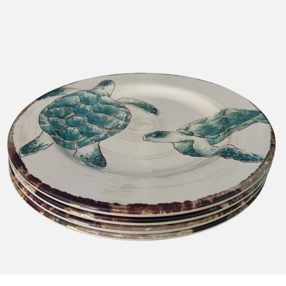 Tommy Bahama Sea Turtle Ocean Turquoise Green Tropical 11” Melamine Plates Set 4 - Picture 4 of 6